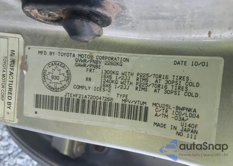 2002 Toyota Highlander z USA, uszkodzony, nr VIN JTEHF21A720047268